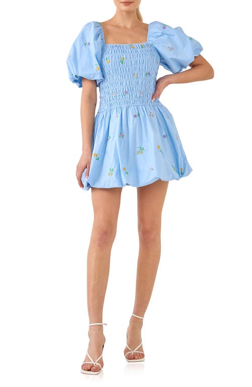 ENGLISH FACTORY ENGLISH FACTORY FLORAL EMBROIDERY PUFF SLEEVE COTTON MINIDRESS 