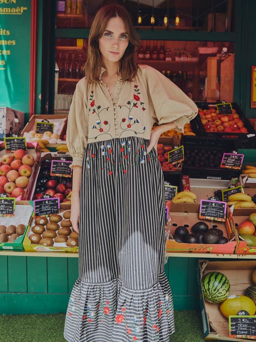 Shop Eddy Eliza Embroidered Maxi Dress In Black Khaki Stripe