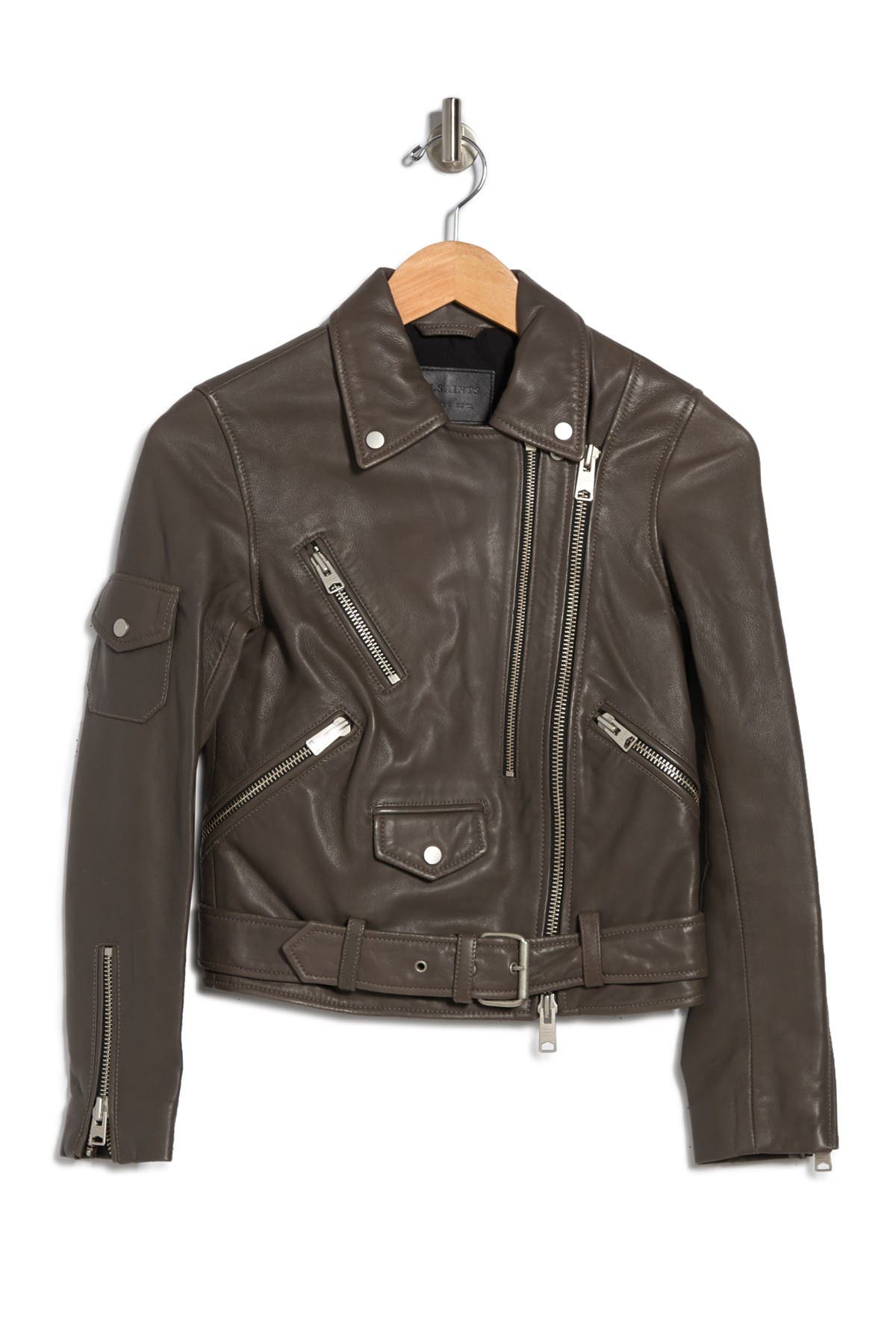 Allsaints Harland Leather Biker Jacket In Open Grey19