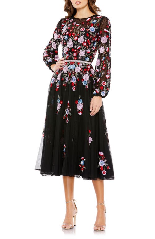 Mac Duggal Sequin Floral Long Sleeve A-Line Dress Black Multi at Nordstrom,