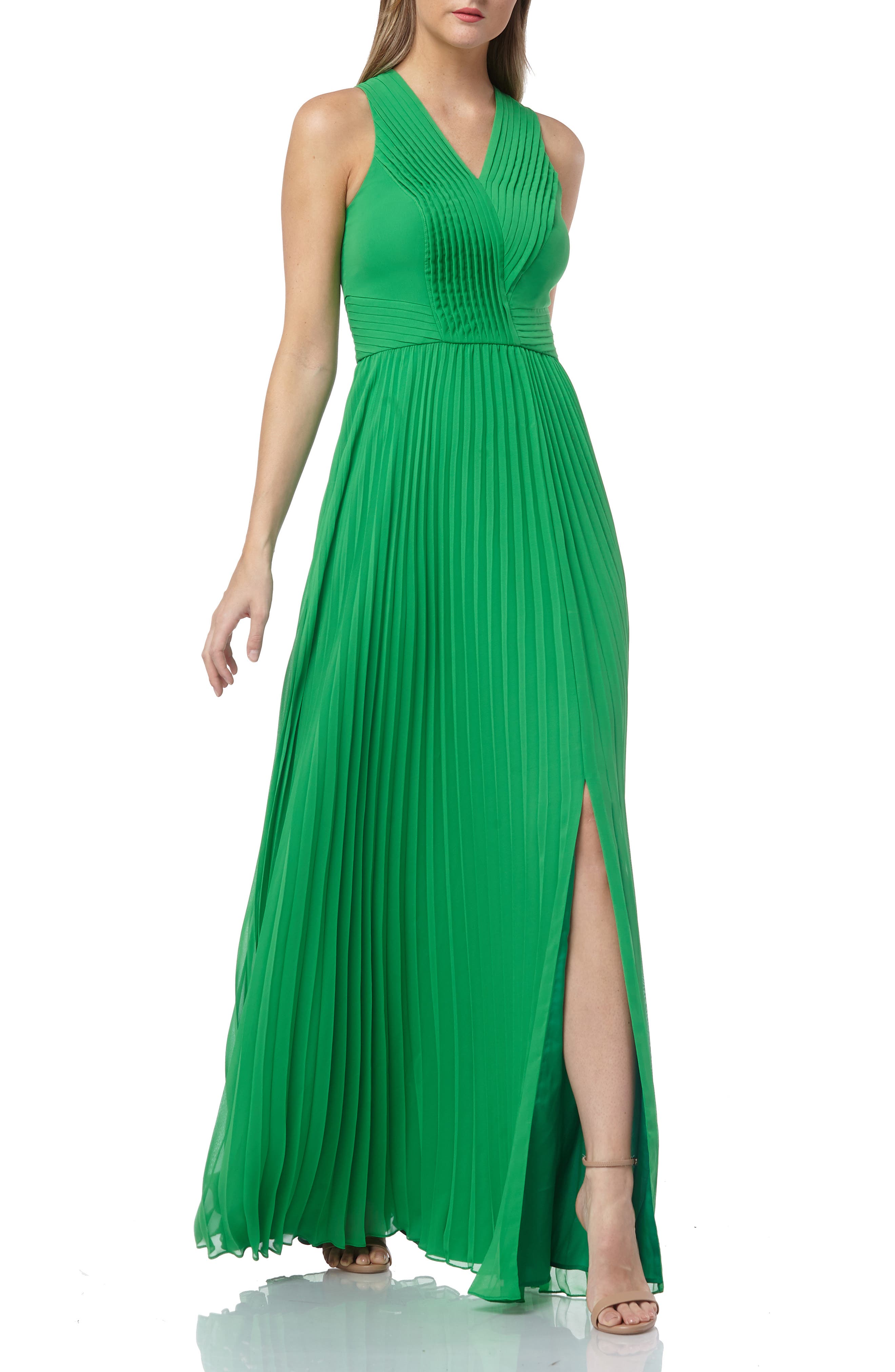 Kay Unger Pleated V-Neck Dress, Green
