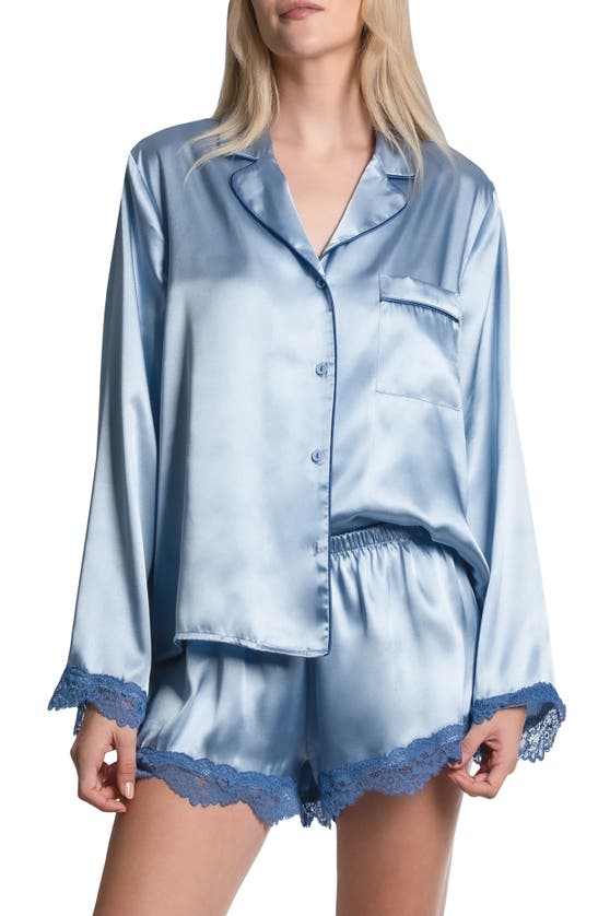 In Bloom By Jonquil Felicity Lace Trim Long Sleeve Satin Shorts Pajamas In Chambray