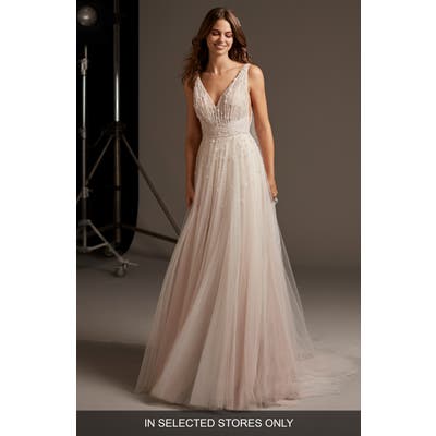 Pronovias Hegemone Embellished Tulle A-Line Wedding Dress, Size - Pink