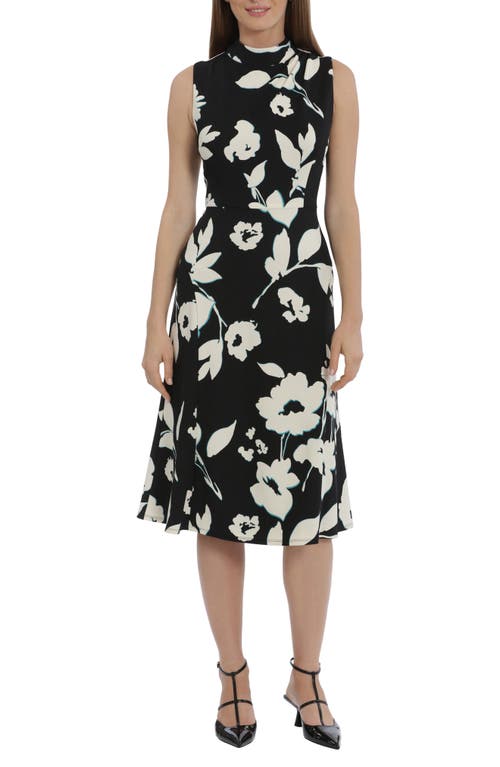 Maggy London Floral Mock Neck Midi Dress In Black/cream