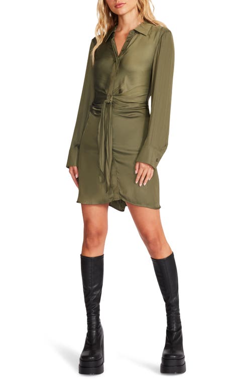 Steve Madden Tie Waist Long Sleeve Satin Shirtdress in Olive Night