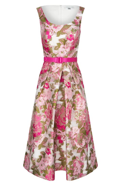 Shop Kay Unger Miriam Belted Brocade Midi Dress In Wild Raspberry