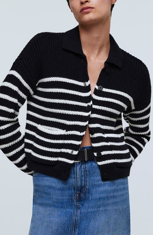 Madewell Melanie Stripe Cotton Crop Cardigan Sweater True Black at Nordstrom,
