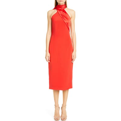 Cushnie Satin Halter Midi Pencil Dress, Red
