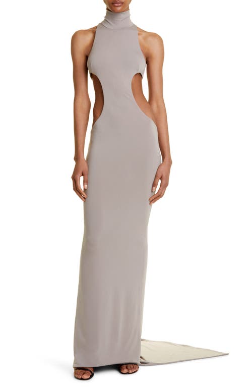 Mock Neck T-Bar Cutout Gown with Train in Stone