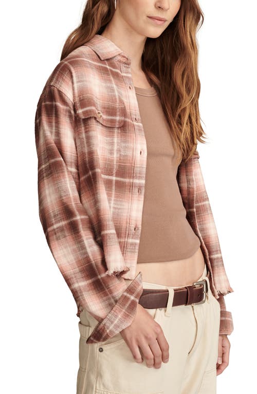 Shop Lucky Brand Raw Edge Plaid Button-up Shirt In Peach Brown Plaid