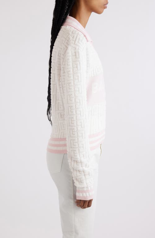 Shop Balmain Sponge Knit Monogram Long Sleeve Polo Sweater In White/pale Pink