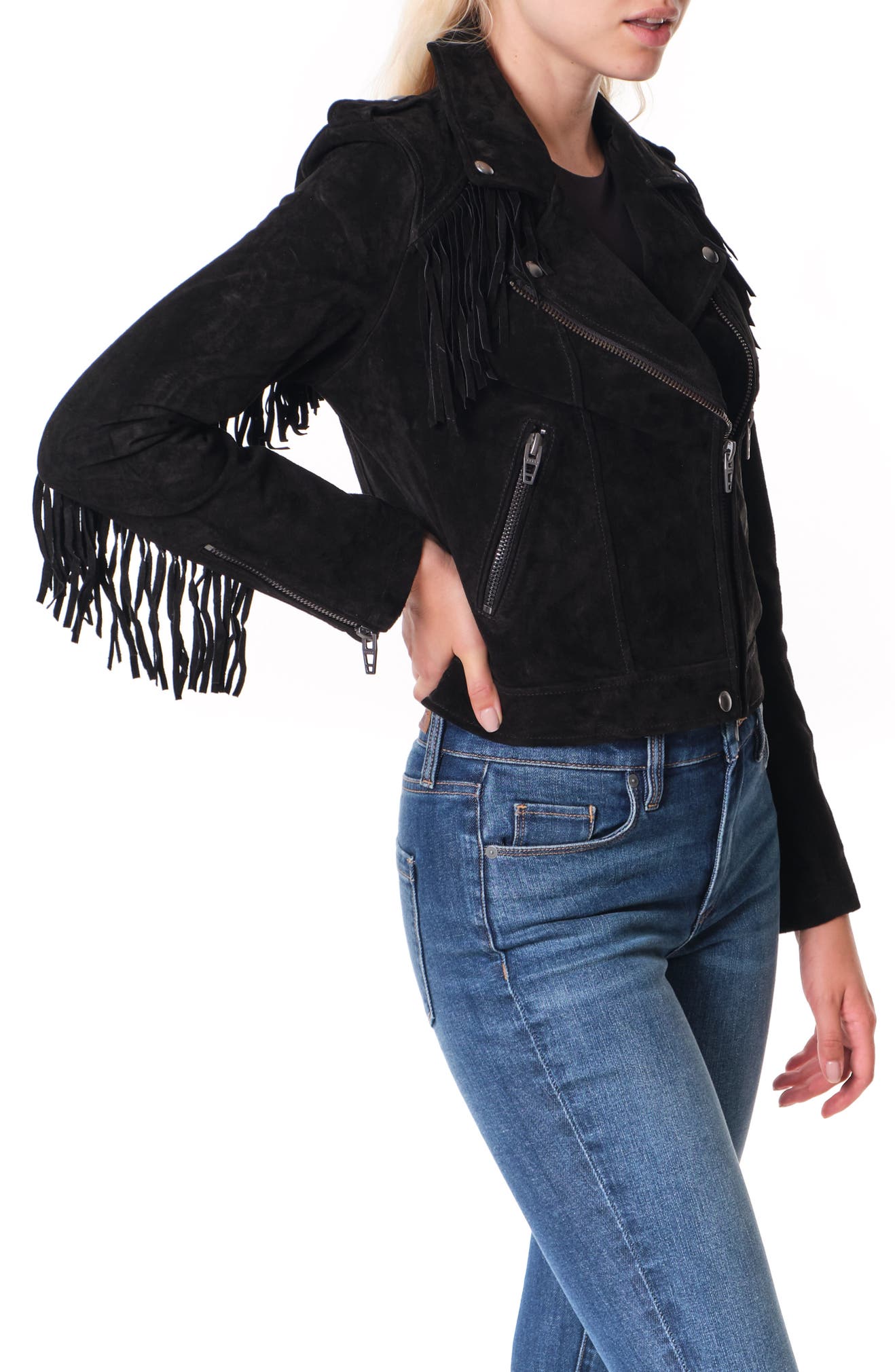 Wildone Forever Fringe Is Back! 1 BLANKNYC Fringe Trim Suede Moto Jacket, Alternate, color, BLACK