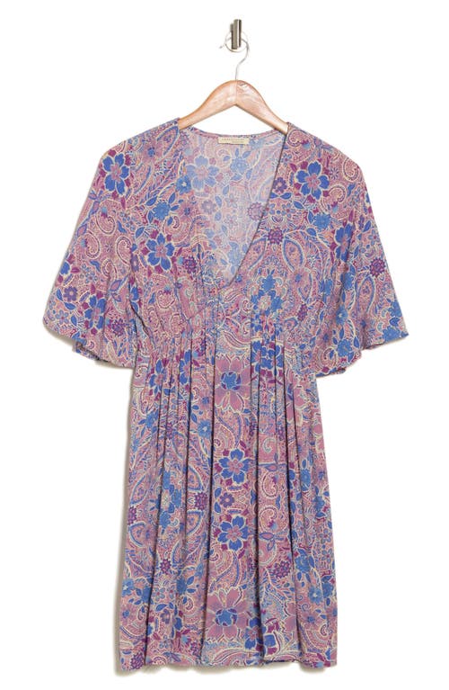 Shop Lovestitch V-neck Empire Waist Minidress In Dusty Rose/blue