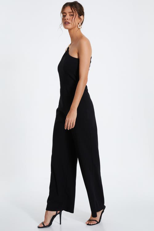 Shop Quiz One Shoulder Scuba Crepe Jumpsuit With Gold Buckle In Black