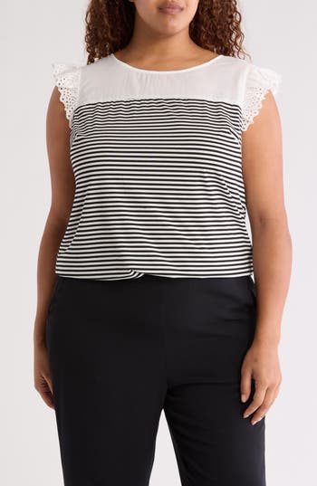 Adrianna Papell Eyelet Ruffle Stripe Top In Black
