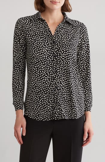 Shop Adrianna Papell Moss Crepe Button Front Shirt In Black/cream Stone Dot