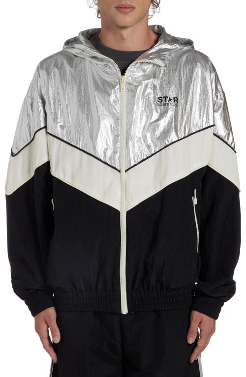 Shop Golden Goose Star Patchwork Windbreaker In Silver/dark Papyrus/black