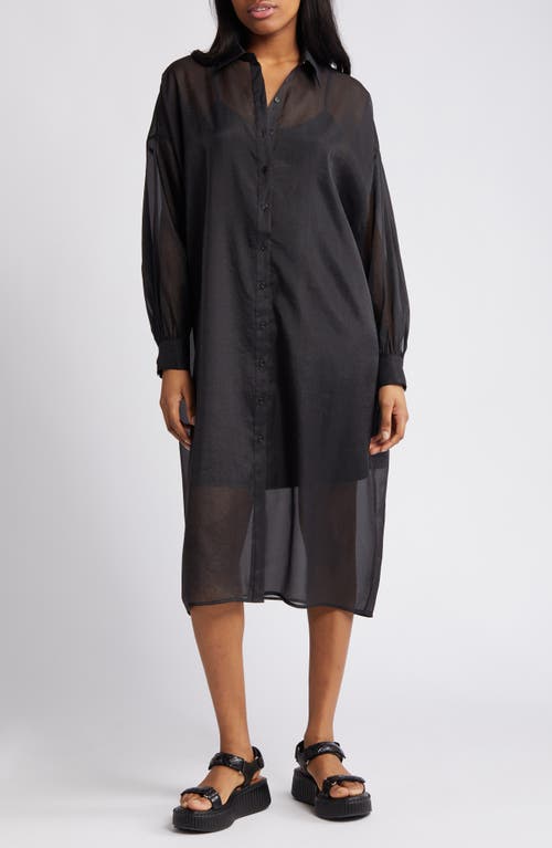 Barely There Long Sleeve Semisheer Shirtdress in Black