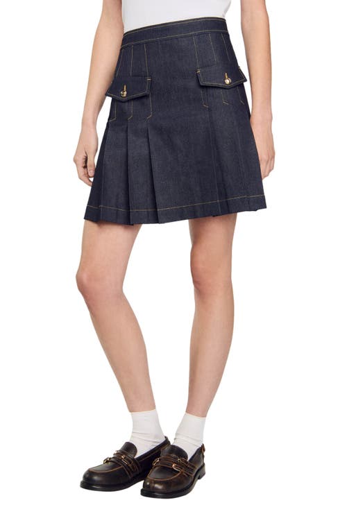 Shop Sandro Pleated Denim Skirt In Deep Blu