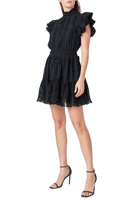 Endless Rose Metallic Ruffle Smocked Chiffon Minidress In Black