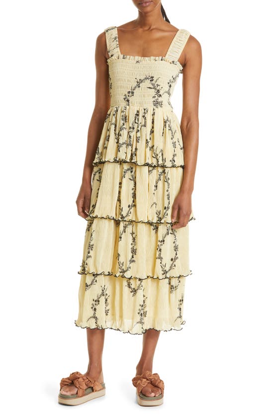 Ganni Pleated Georgette Flounce Smock Midi Dress Floral Shadow
