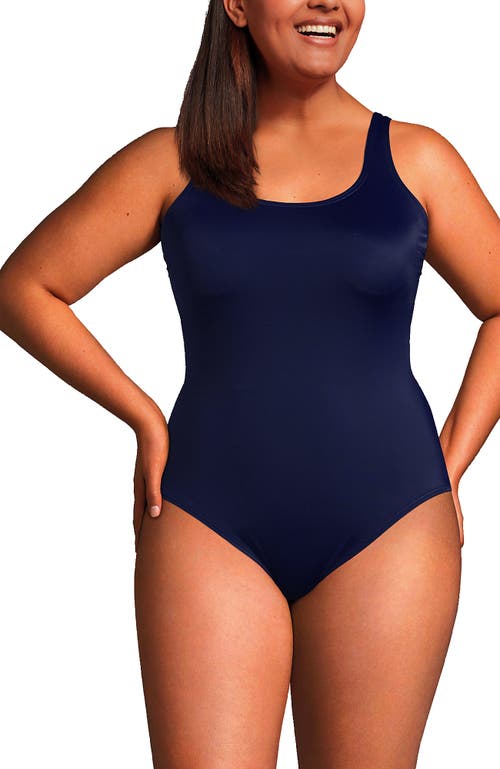 Shop Lands' End Plus Size Chlorine Resistant Texture High Leg Soft Cup Tugless One Piece Swimsuit In Deep Sea Navy