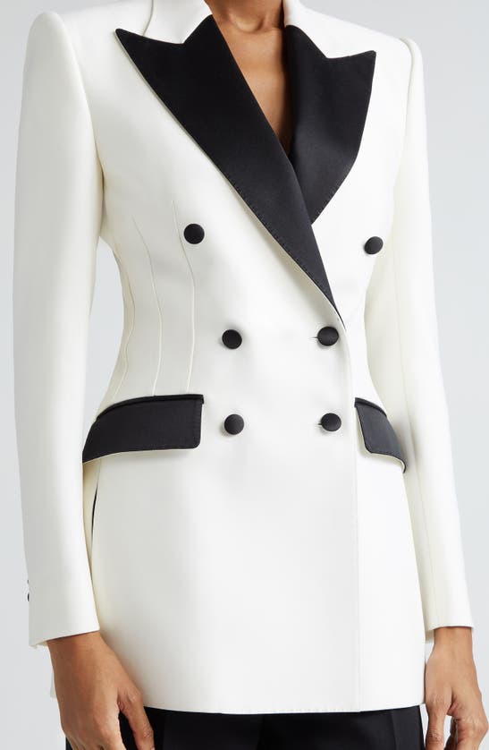Shop Dolce & Gabbana Dolce&gabbana Contrast Detail Double Breasted Wool Blend Blazer In Bianco Ottico