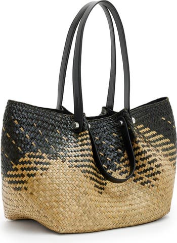 Straw Bag Long Flat Leather Handle with Detachable Inside