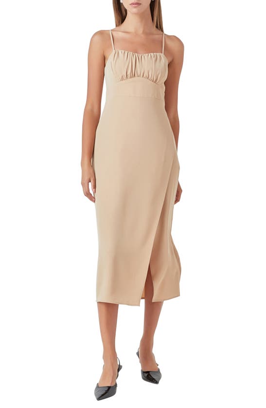 Shop Endless Rose Ruched Bust Midi Dress In Khaki