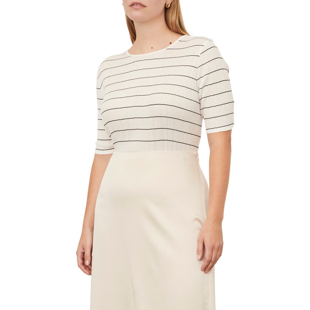 Shop Vince Variegated Stripe Elbow Sleeve Cotton Top In Off White/coastal