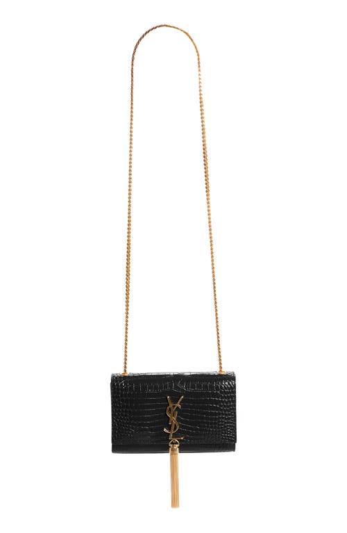 Saint Laurent Small Kate Croc Embossed Leather Shoulder Bag in 1000 Nero at Nordstrom