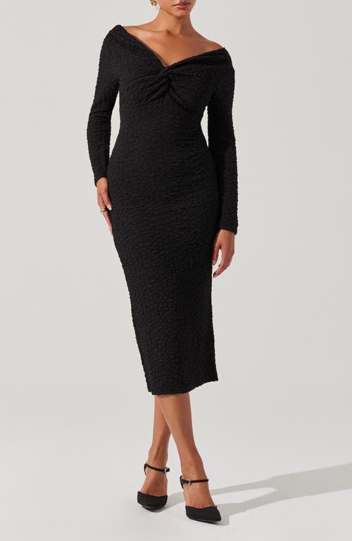 Shop Astr The Label Textured Knot Front Off The Shoulder Long Sleeve Dress In Black