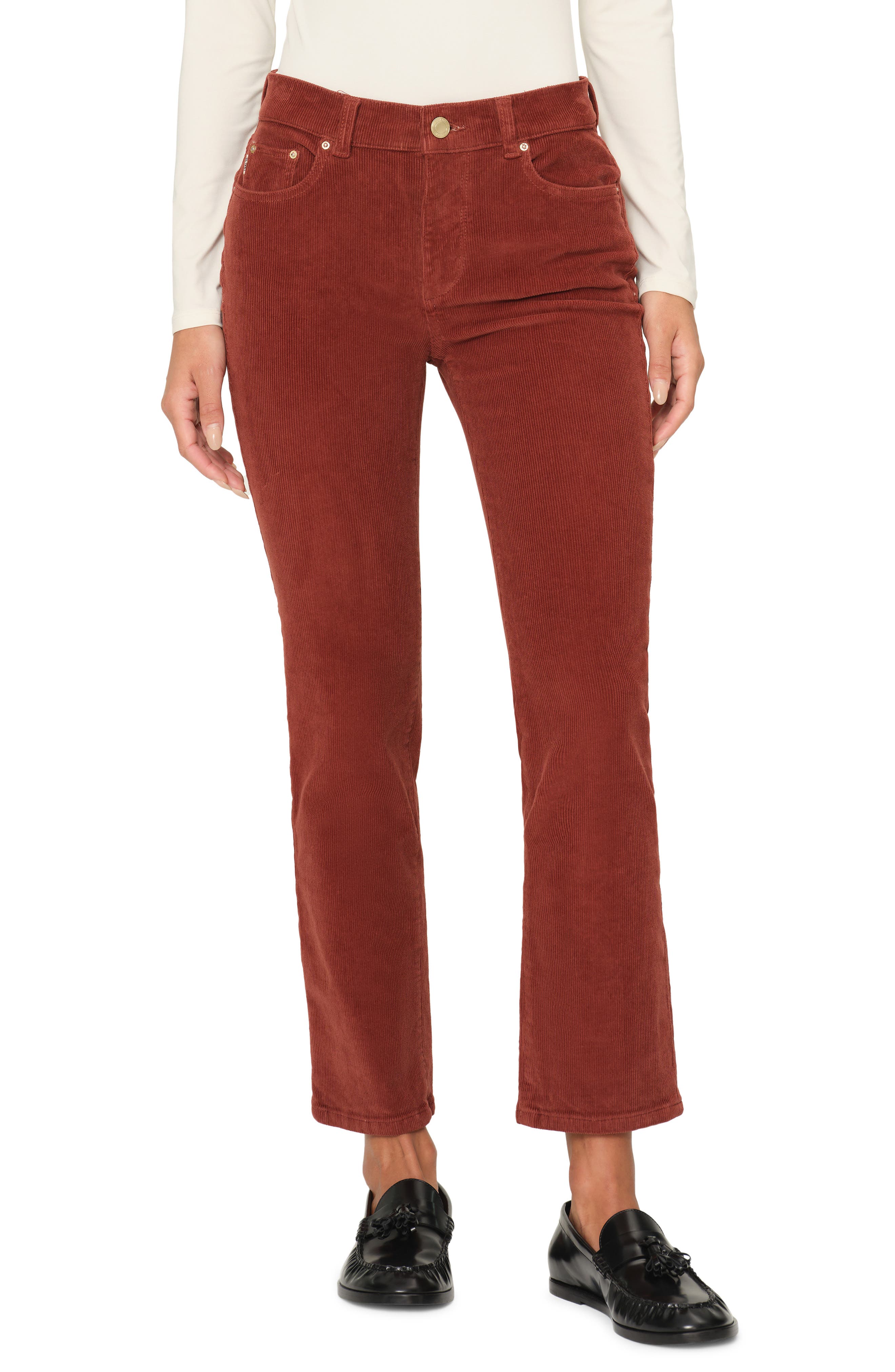 DL1961 Mara Straight Leg Mid Rise Instasculpt Corduroy Ankle Jeans in Red Rock 