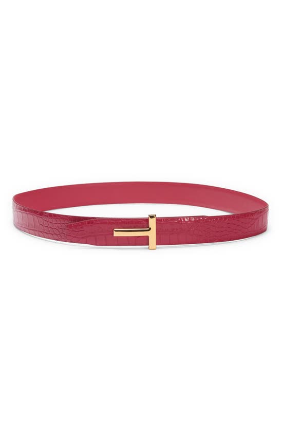 Tom Ford T Icon Reversible Croc Embossed Patent Leather Belt In Rose Red