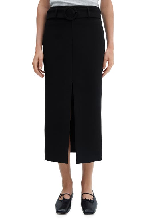 MANGO Belted Front Slit Midi Skirt Black at Nordstrom,