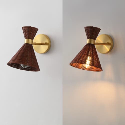 Jonathan Y Zoey 1-light Mid-century Vintage Retro Rattan/metal Led Sconce With Adjustable Shade In Brass Gold/dark Brown