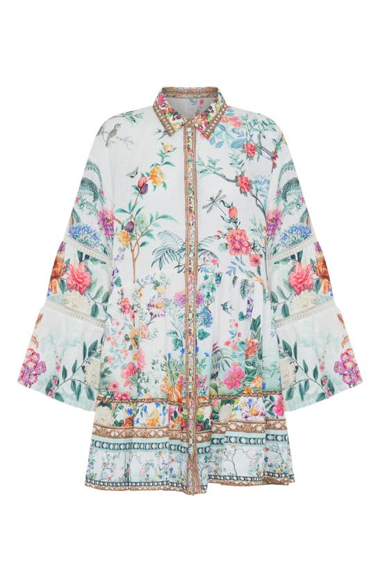 Shop Camilla Floral Long Sleeve Linen Shift Dress In Plumes And Parterres