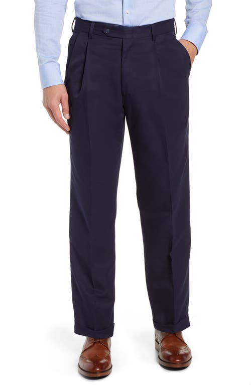 Berle Classic Fit Pleated Microfiber Performance Trousers in Navy