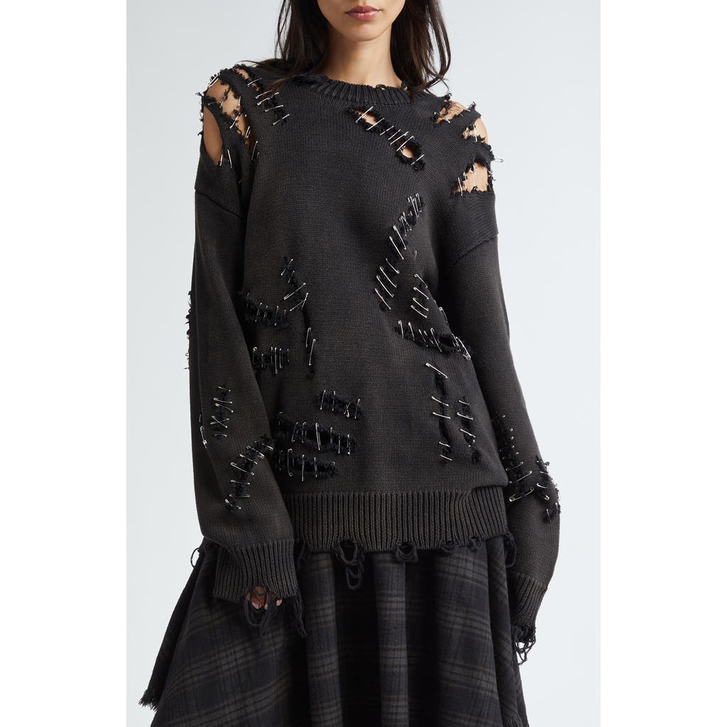 R13 Slashed Cotton Sweater In Black With Pins