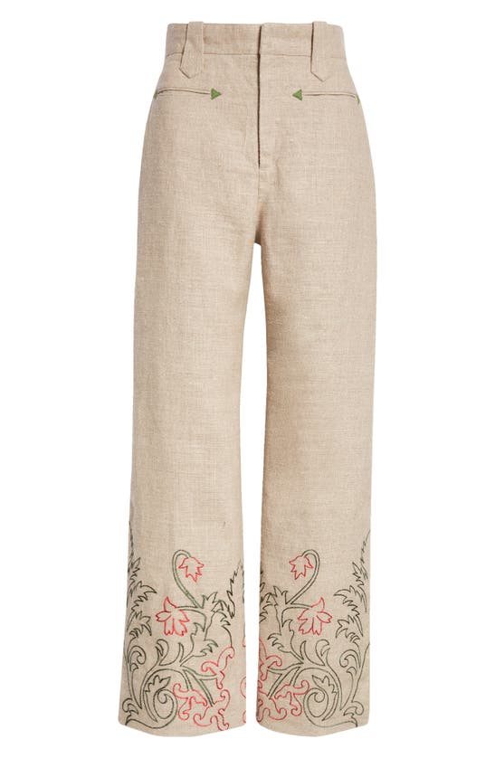 Shop Bode Embroidered Trumpetflower Linen Pants In Tan