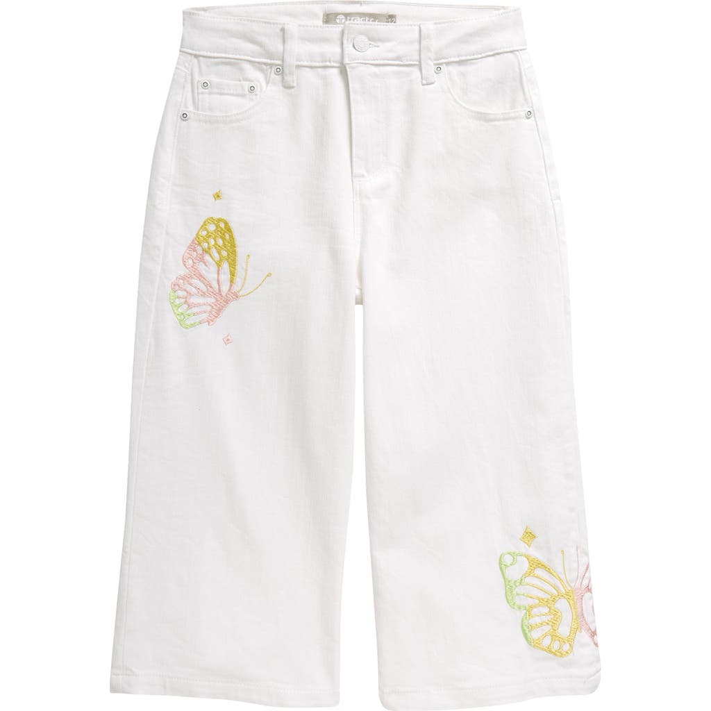 Tractr Kids' Butterfly Embroidered Wide Leg Crop Jeans In White