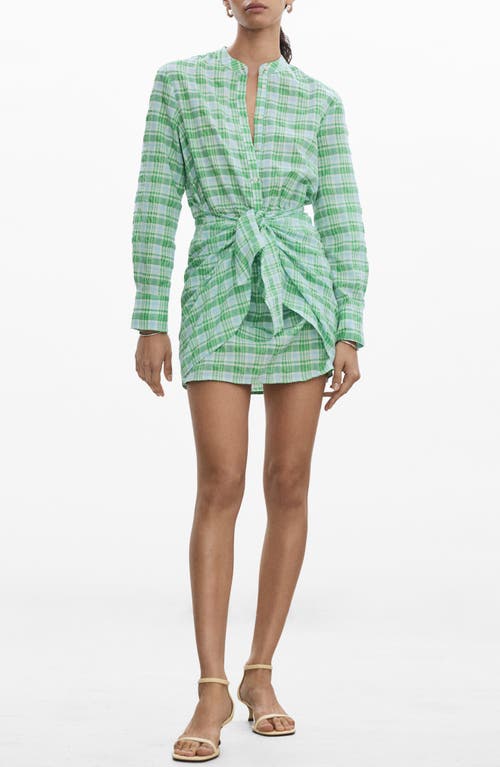 Shop Mango Check Tie Front Long Sleeve Shirtdress In Green