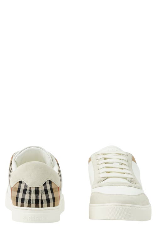 Shop Burberry Stevie Leather & Canvas Check Sneaker In Off White/beige Ip Check