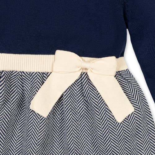 Shop Hope & Henry Baby Girls' Skater Sweater Dress With Bow, Infant In Navy Herringbone Colorblock