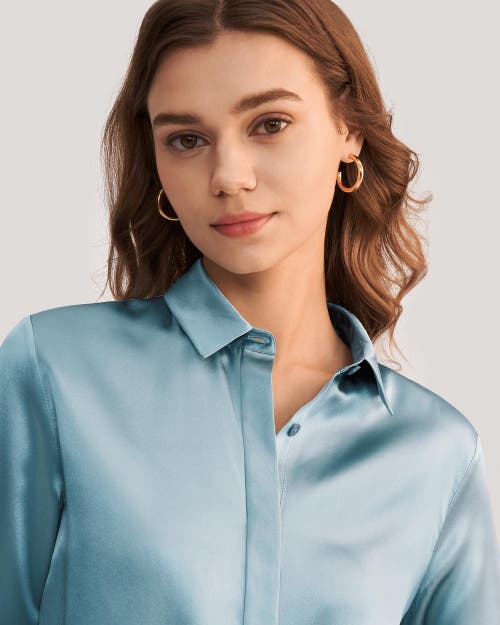 Shop Lilysilk Basic Concealed Placket Silk Shirt In Blue Haze