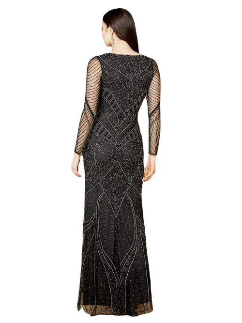 Lara New York Long Sleeve Beaded Dresses With Sheer Sleeves In Black