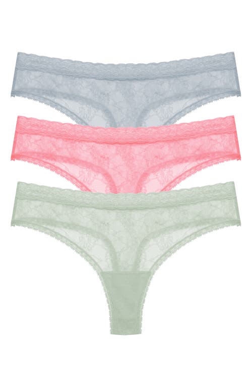 Natori Bliss Alure 3-pack Lace Thongs In Bl/ros/dew