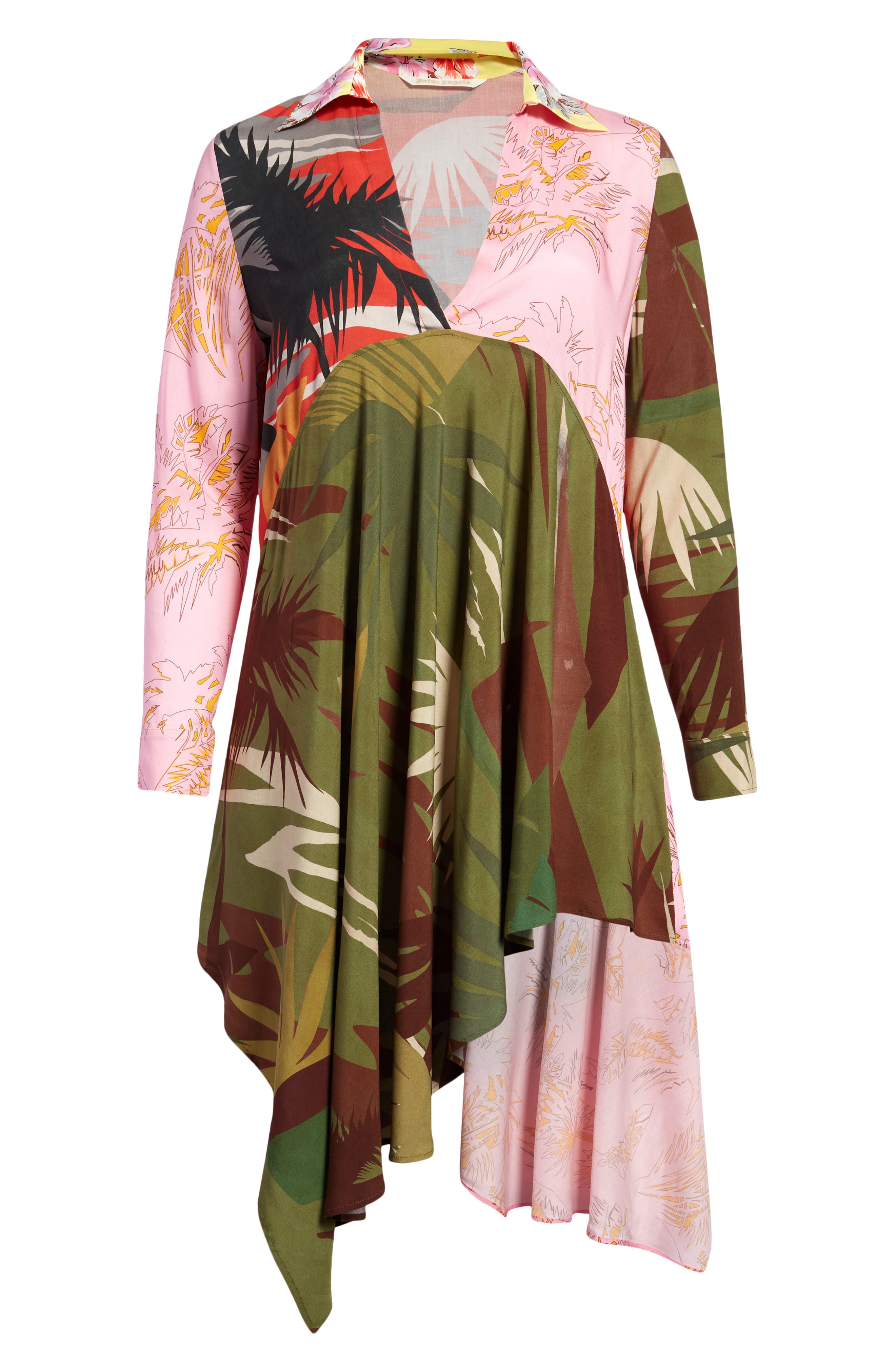 Palm Angels Mixed Print Long Sleeve Asymmetric Hem Dress in Military Pink