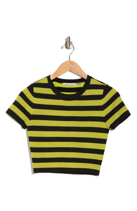 Shop Alice And Olivia Ciara Metallic Stripe Crop Sweater In Citron/ Black