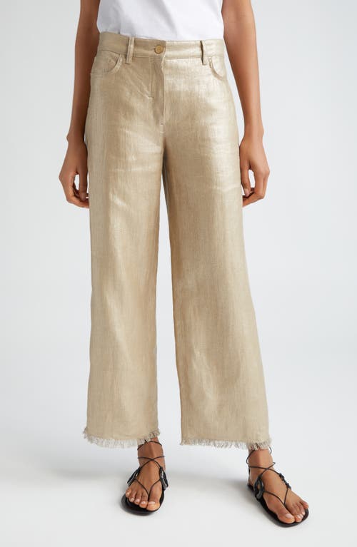 Max Mara Bouquet Fray Hem Metallic Linen Crop Pants in Gold at Nordstrom, Size 10